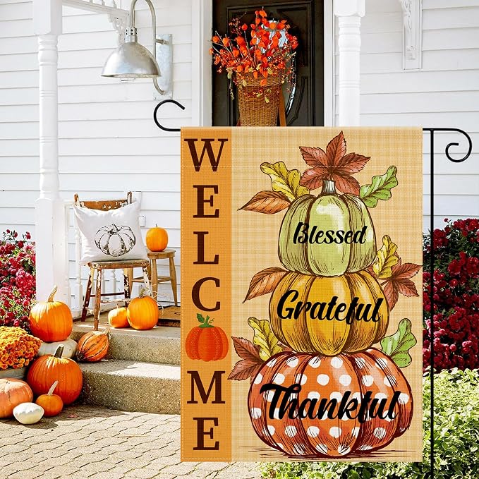 OHOME Fall Decorations for Home - Fall Garden Flag | Double-Side Autumn Decor for Outdoor Indoor Outside - Friendsgiving Welcome Backdrop Banner for Garden Porch Patio Lawn Yard,12x18 Inch
