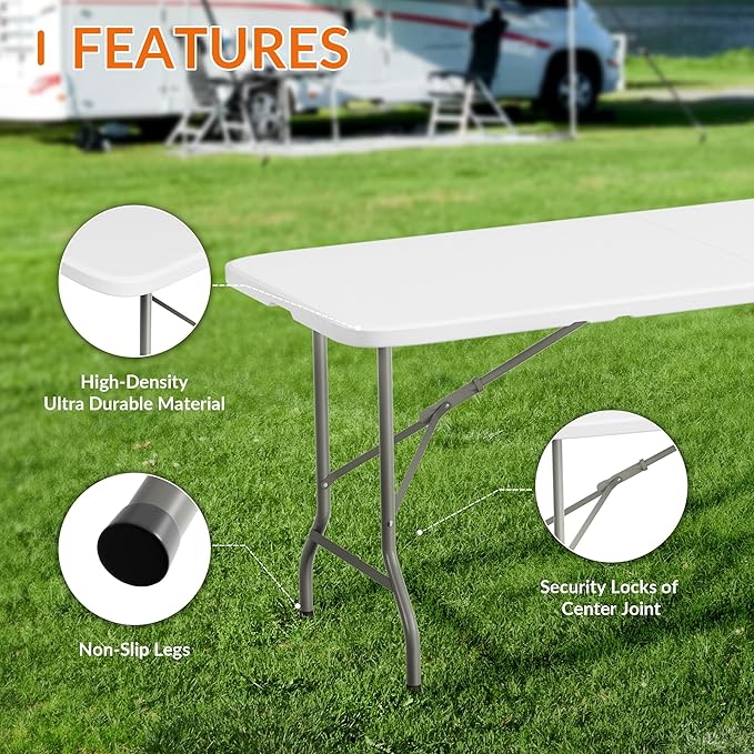 Elevon Folding Table Set with 6 Black Folding Chairs,6 Feet Heavy Duty Fold-in-Half Utility Table Sets for Picnic, Event, Training, Outdoor Activities, at Home and Commercial Use