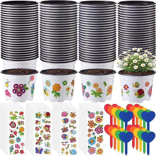 100 Sets Garden Pot Craft Kit, Flower Plant Spring Craft Including Plastic Nursery Plant Pots Labels Tags Stickers for DIY Flower Planting Growing Birthday Arts Kit (Pure)