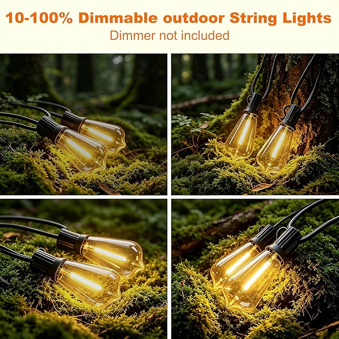 Outdoor String Lights, Waterproof Shatterproof Vintage Bulbs | 25FT Patio Lights, 10 bulbs, Dimmable & Connectable, 2700K Warm White, ideal for Balcony, Porch, Party & Indoor Decoration
