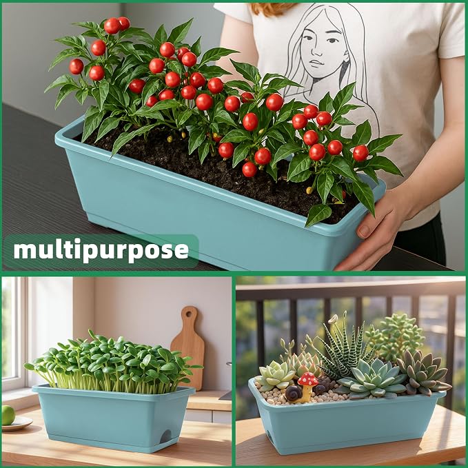 LOCONHA Window Box Planter, Plastic Vegetable Flower Planters Boxes 17 Inches Rectangular Flower Pots with Saucers for Indoor Outdoor Garden, Patio, Home Decor (12, Sky Blue)
