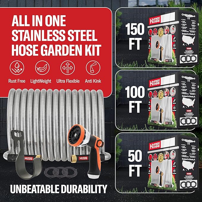 Best 150 ft Metal Garden Hose Set - No-Kink Durable 316 Stainless Steel, 10-Way Zync Spray Nozzle & Hook – Tough Flexible Heavy Duty Water Hoses, 5/8 in, Rust, Weather, LeakProof