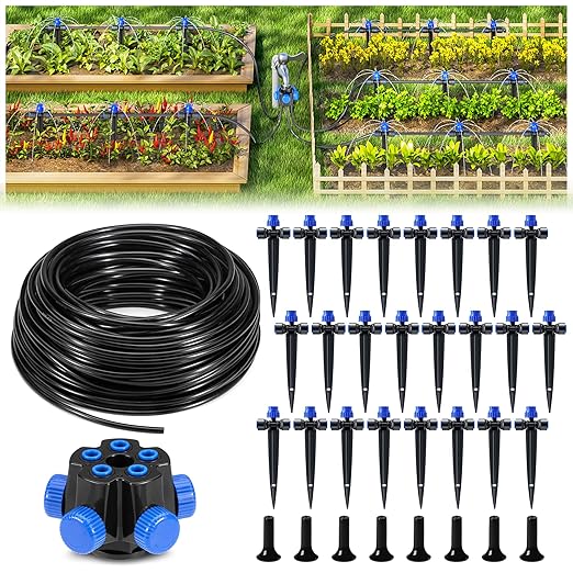 HIRALIY 100FT Garden Watering System, Automatic Drip Irrigation Kit with Adjustable Flow Nozzles, 5-Way Connector, Plastic Material, Modern Style, Ideal for Lawn, Patio, Garden, Raised Bed