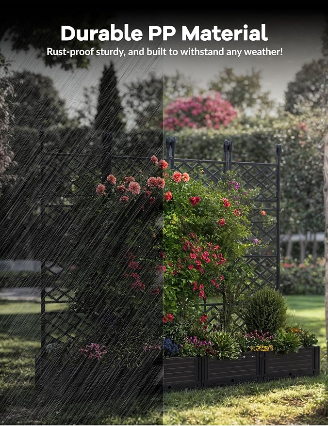 4 PCS Raised Garden Bed with Trellis & Privacy Screen, 66" Wide x 63" Tall Vertical Garden Planter Box for Climbing Plants, Large Outdoor Privacy Screen for Patio, Balcony, Yard, Garden Black
