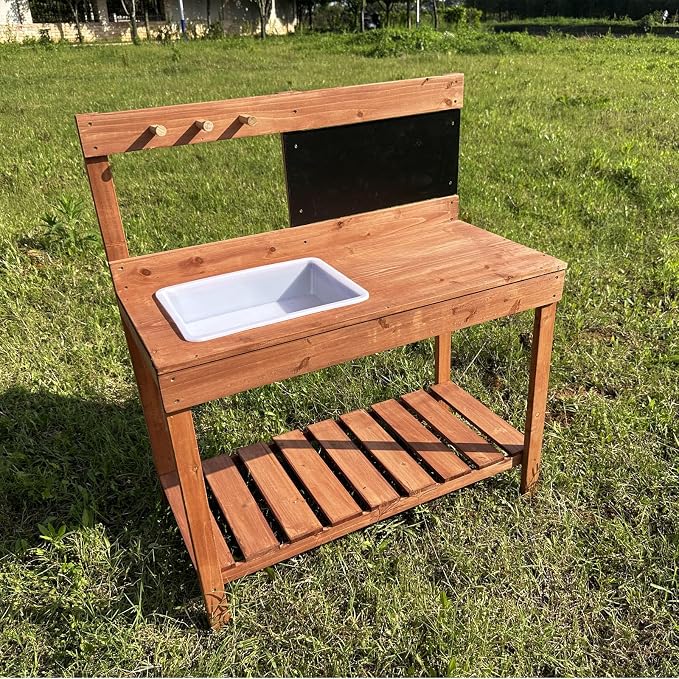 Wooden Potting Bench with Chalkboard, Removable Basin, Storage Shelf and Hooks, Outdoor Garden Work Table,Educational Gardening Tools, Natural Wood Finish (Paint Red)