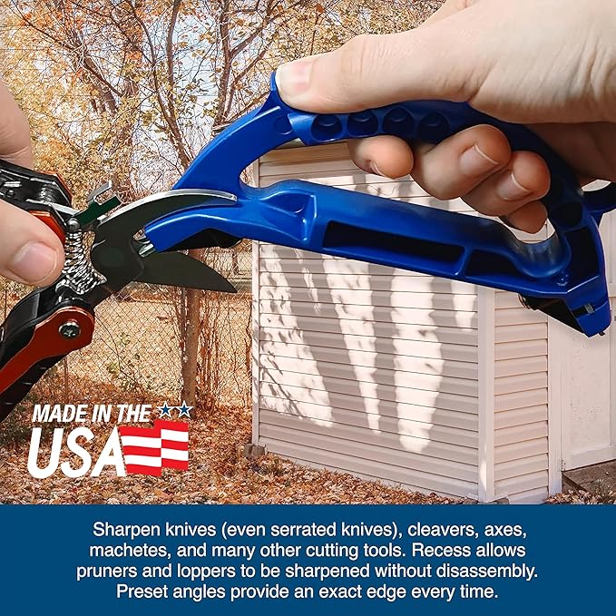 AccuSharp All-in-One Sharpener, All Purpose Sharpener for Knives, Scissors, Garden Tools, Sharpens & Restores Serrated Knives, Cleavers, Axes, Machete, Blue