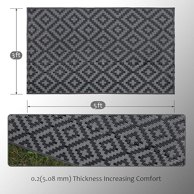 SAND MINE Waterproof Outdoor Rug, Plastic Reversible Rug, Modern Area Rug, Large Floor Mat for Outdoors, RV, Patio, Backyard, Deck, Picnic, Beach, Camping (3' x 5', Black Grey Lattice)