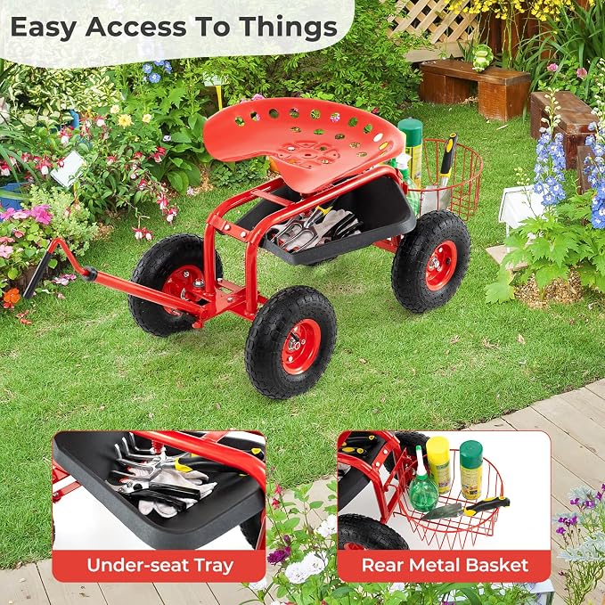 IRONMAX Garden Cart with Seat, Gardening Rolling Stool Scooter with 10’’ All-Terrain Wheels, Adjustable Steering Handle & Tool Tray and Basket for Outdoor Planting (Red)