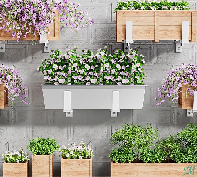 Y&M Adjustable Planter Box Brackets, Brackets for Window Boxes Planters, 2 Pack Universal White Steel Mounting Durable, Suitable for Fence Pergola Patio Garden Balcony
