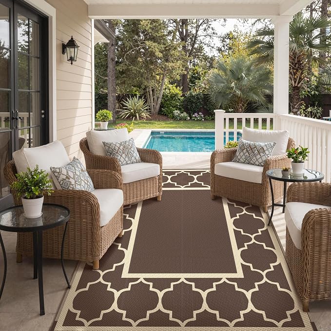 GENIMO 5' x 8' Outdoor Rug Waterproof for Patio Decor, Foldable Reversible Plastic Straw Area Rugs Mat for Camper, Outside Carpet for Rv, Deck, Porch, Picnic, Beach, Balcony, Coffee & Beige