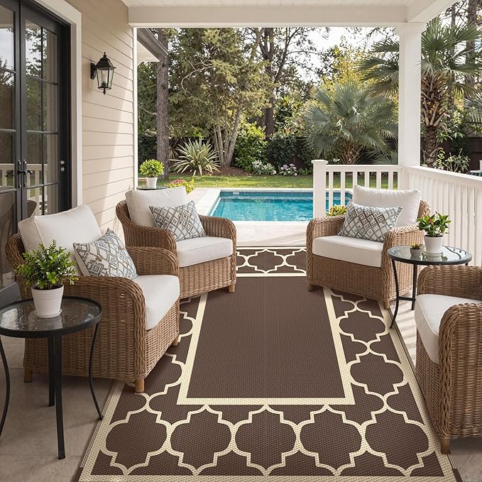GENIMO 6' x 9' Outdoor Rug Waterproof for Patio Decor, Foldable Reversible Plastic Straw Area Rugs Mat for Camper, Outside Carpet for Rv, Deck, Porch, Picnic, Beach, Balcony, Coffee & Beige