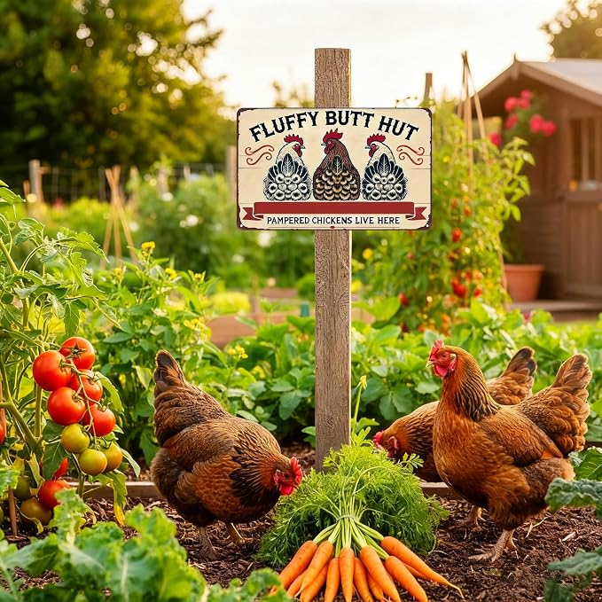 Funnysign Vintage Fluffy Butt Hut Pampered Chickens Live Here Chicken Tin Sign for Chicken Coop Farm Kitchen Garden Yard Decor 8x12 inch (3940)
