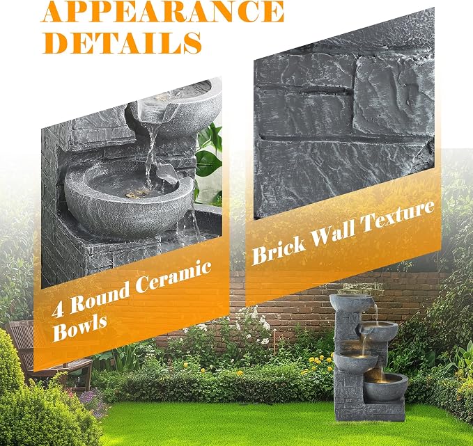 4-Tier Outdoor Garden Water Fountain, 22" H Modern Resin Cascading Bowls Fountain with LEDs and Pump, Freestanding Fountains and Waterfalls for Yard, Porch and Patio Indoor Decor (Grey)