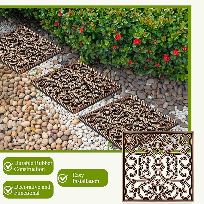 Pangda 8 Pcs Rubber Stepping Stones Outdoor Garden Walkway, 12 x 12 Inch Heavy Duty Pathway Pavers Retro Decorative Stepping Stones for Outside Landscaping Yard Lawn Path(Copper,Scroll Square)
