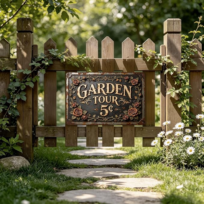 2D Flat Funny Garden Signs, Garden Tour 5¢ Vintage Outdoor Wall Decor for Patio Yard Greenhouse Home, Waterproof Garden Gifts 12x8 Inch