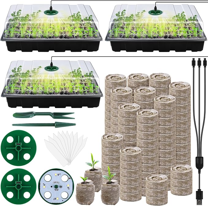 Hahood 3 Pack Seed Starter Tray Kit with Grow Light Germination Trays with Humidity Dome, 120 Peat Pellets, Gardening Tools, Plant Labels, Plant Growing Trays for Seeds Growing Starting, Black