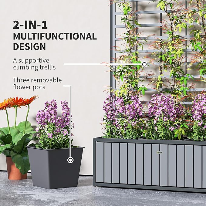 Outsunny Wooden Raised Garden Bed with Trellis, Removable Pots, Drainage Holes for Climbing Vines, Vegetables, Flowers, Raised Planter Box for Backyard, Patio, Balcony, 29 x 11 x 52 in., Gray