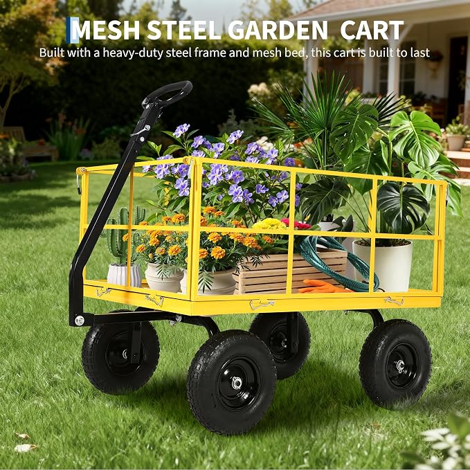 Garvee 1500 LB Garden Wagon Cart with 13 in All Terrain Tires, 3-in-1 Yard Wagon Cart with Removable Side Panels, Heavy Duty Outdoor Metal Utility Wagon Yard Trailer for Outdoor Lawn, Yard, Backyard