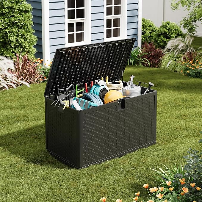 IDEALHOUSE 120 Gallon Resin Deck Box, Waterproof Outdoor Storage Box with Lockable Lid & UV Resistant, Patio Furniture Cushion Storage Container for Garden, Backyard, Poolside (Black)