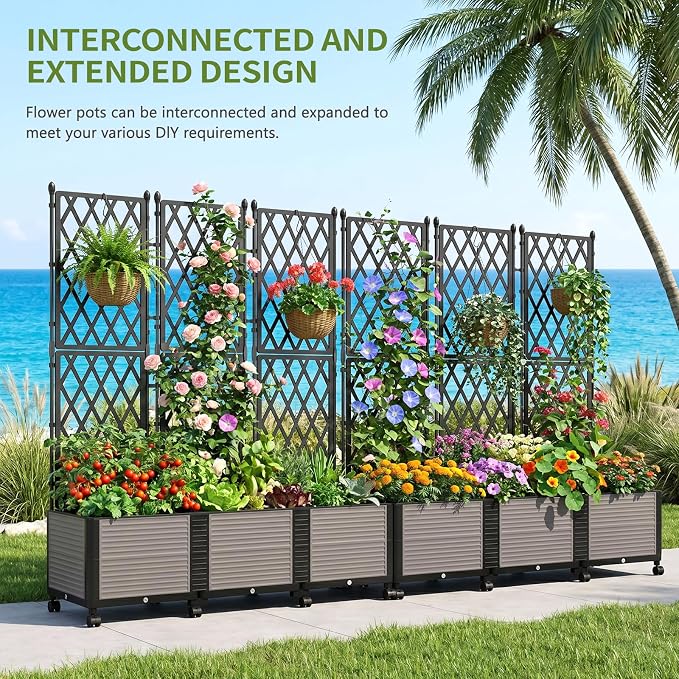 Raised Garden Bed Planter Box with Trellis, 63''H Tomato Planters for Climbing Plants Vegetable Vine Flowers Outdoor Patio Tomato Cage, Self Watering Planter with Wheels