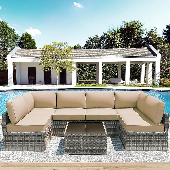 Outdoor Replacement Cushions for Patio Furniture,Water-Resistant Sofa Cushion for Rattan Wicker Sectional Patio Conversation Sets,14-Piece Outdoor Couch Cushion, Khaki