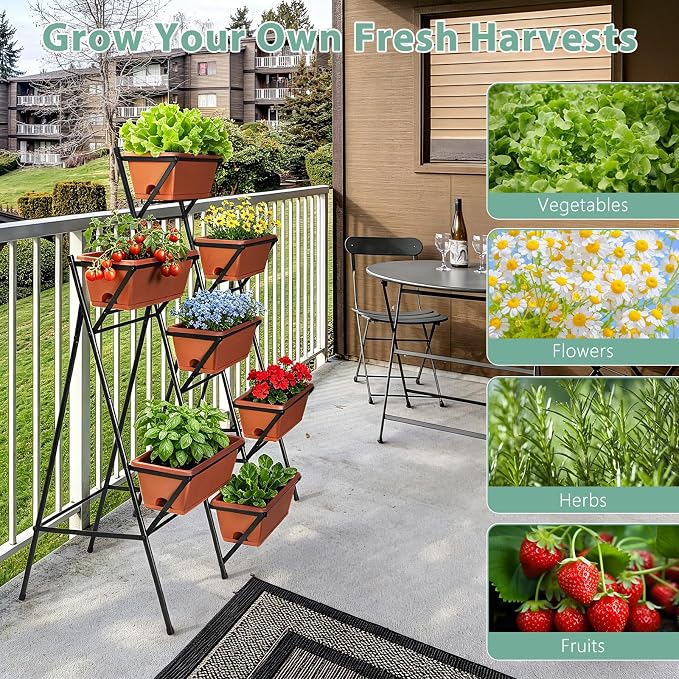 Sunexinlo 5-Tier Vertical Garden Planter with 7 Plant Boxes & Drainage Trays, Metal Freestanding Raised Bed for Herbs Flowers Vegetables, Indoor Outdoor for Patio Balcony Deck, Brick Red