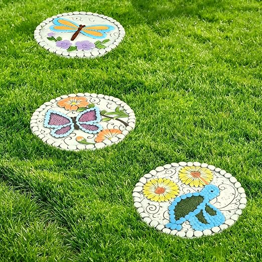 3 Pack Cement Stepping Stones Outdoor 10 Inch Round Garden Stepping Stones with Hand-Painted Flowers, Decorative Patio Pavers for Outside Walkway, Dragonfly Butterfly Garden Decor Hummingbird Gifts
