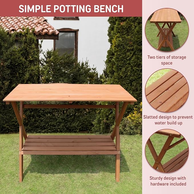 Northbeam Outdoor Potting Bench for Gardening – Cunningham Cedar Outdoor Potting Bench with Storage Shelf – Durable Garden Table for Outdoor Plants – All Weatherproof Potting Table, Easy Assembly