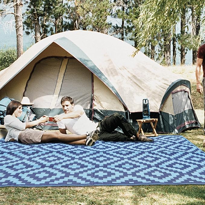 SAND MINE Reversible Mats, Plastic Straw Rug, Modern Area Rug, Large Floor Mat and Rug for Outdoors, RV, Patio, Backyard, Deck, Picnic, Beach, Trailer, Camping, Blue, 5' x 8'