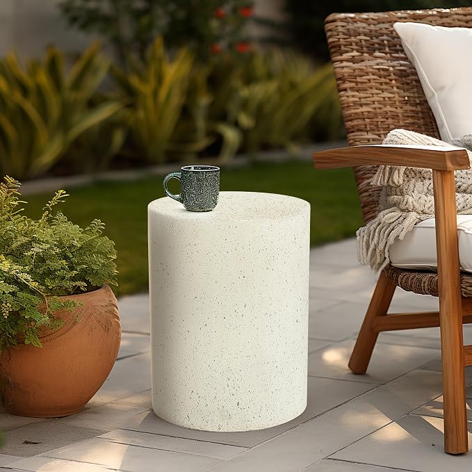 LuxenHome Outdoor Side Table, 18 Inch Cement Outdoor End Tables for Patio, Garden Accent Table, Modern Small Round Side Tables for Outside, Tree Stump Garden Stool Drum Indoor and Outdoor