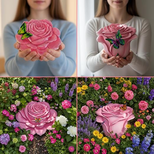Garden Stepping Stones Outdoor Walkway – Resin Rose Flower Pavers for Path, Lawn & Backyard -Walkway Sculpture Yard Art,Rose Ornament as a for Loved Ones – Set of 2, Pink