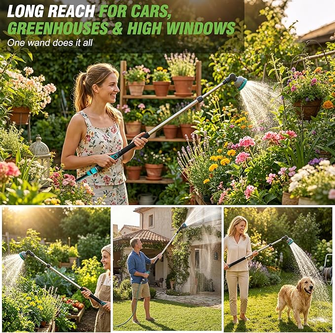 Telescoping Watering Wand 37-55 Inch, 9-Pattern Heavy Duty Garden Hose Nozzle with Pivot Head and Thumb Flow Control, Metal Extendable Wand for Hanging Baskets Shrubs Car Washing