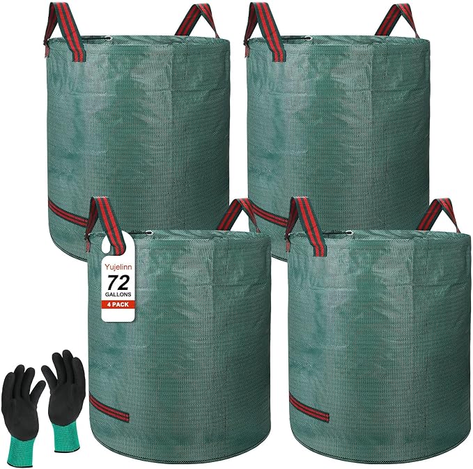 4 Pack 72 Gallon Reusable Yard Waste & Lawn Leaf Bags with Gloves - Heavy Duty Garden Trash Bags for All-Season Cleanup, Patio & Grass Clippings, Camping, Recyclable & Light Construction, Collapsible