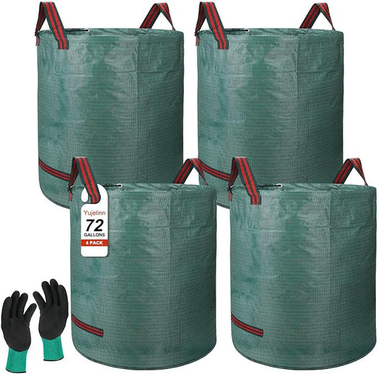 4 Pack 72 Gallon Reusable Yard Waste & Lawn Leaf Bags with Gloves - Heavy Duty Garden Trash Bags for All-Season Cleanup, Patio & Grass Clippings, Camping, Recyclable & Light Construction, Collapsible