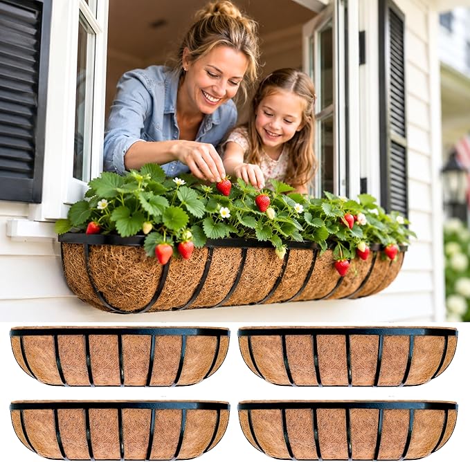 LaLaGreen Fence Planters for Outdoor Plants (24 Inch, 4 Pack) Black Metal Window Boxes Planter To Attach To House, Wall Mounted Flower Coco Baskets Outside Deck Railing Balcony Garden Porch Patio Rail