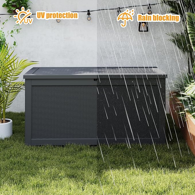 ROJIK 320 Gallon Waterproof Deck Box, UV Resistant Outdoor Storage Box with Lockable Lid, Heavy Duty Resin Bin for Patio Cushions, Gardening Tools & Package Delivery