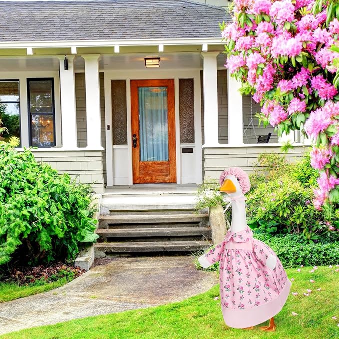 FuWeave Summer Spring Goose Outfit Pink Flower Porch Goose Clothes for 23" Large Statue Outdoor Patio Yard Lawn Art Decoration