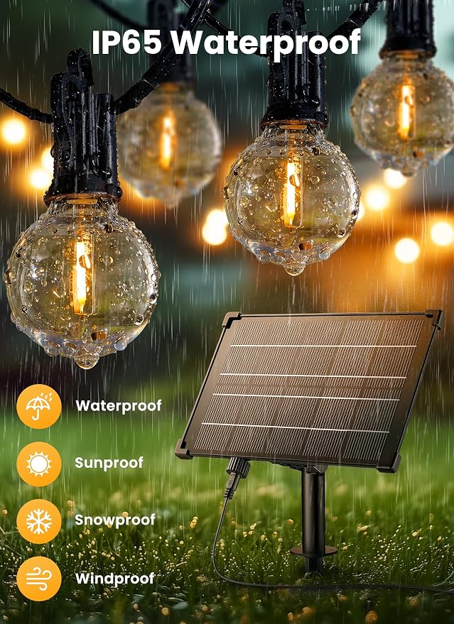 Brightown 208FT 102LED Solar String Lights Outdoor with Remote & USB Port, Shatterproof Bulbs, Dimmable & Timable, 3 Modes, Patio Lights with Mount Clips for Backyard Garden Decor - Last for 40+Hrs