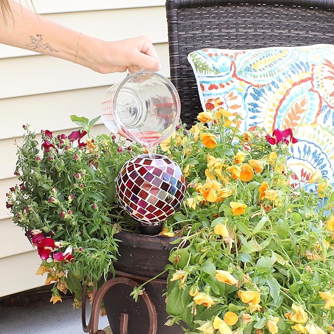 Sunnydaze Mosaic Glass Plant Watering Globe with Clay Spike - Decorative Self-Watering Planter Insert - Water Dripper for Plants - 9.5" - Magenta Medley