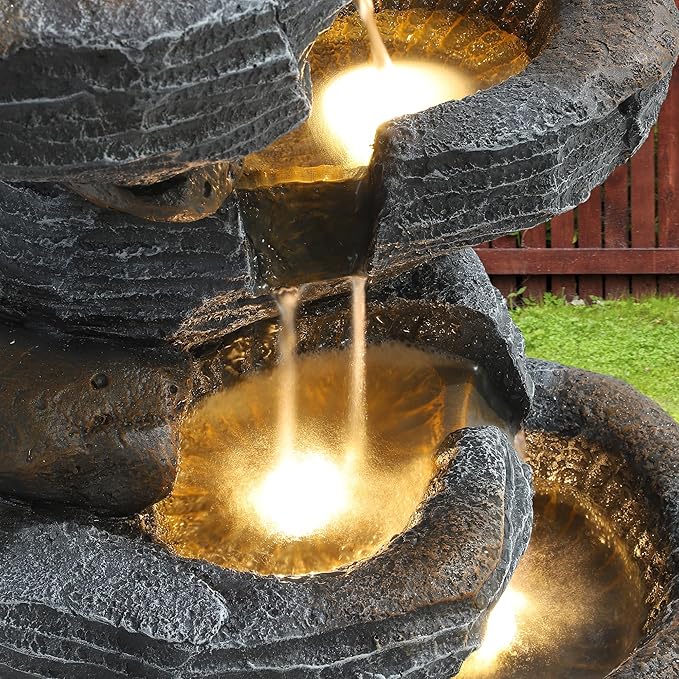 5 Tiers Garden Fountain Outdoor, 26.4" Rock Waterfall Feature with 4 LED Lights, Modern Resin Fountain Freestanding with Pump and Dicky Bird for Indoor and Porch Patio, Home Art Decor, Grey