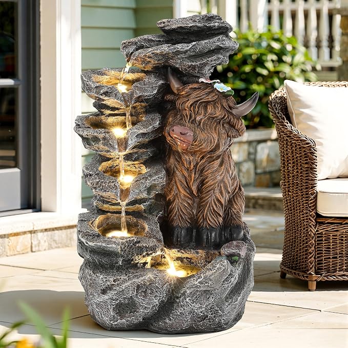 19" Highland Cow Outdoor Fountain, 5-Tier Charming Water Feature with LED Lights, Pastoral Resin Soothing Cascading Waterfall for Patio, Backyard, Garden or Porch