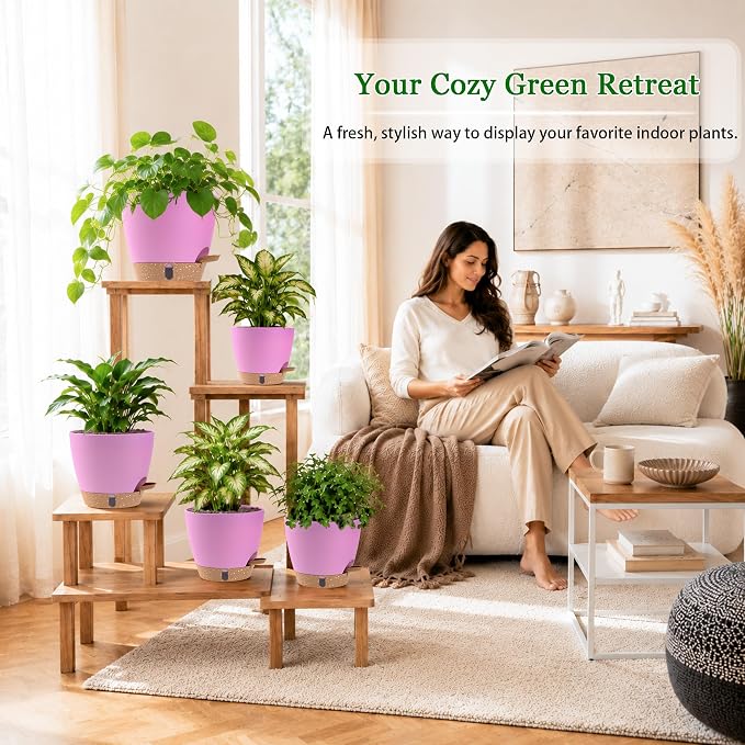 Self Watering Pots for Inoor Ourdoor Plants 8/7/6.5/6/5 Inch Plastic Planters with Drainage Holes & Water Level Indicator, Decorative House Flower Nursery Planting Pots with Saucers (Dusty Rose/Pink)
