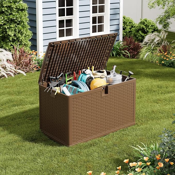 120 Gallon Resin Deck Box, Waterproof & Lockable Patio Storage Box with Hydraulic Lid for Outdoor Garden Tools, Pool Accessories & Cushions
