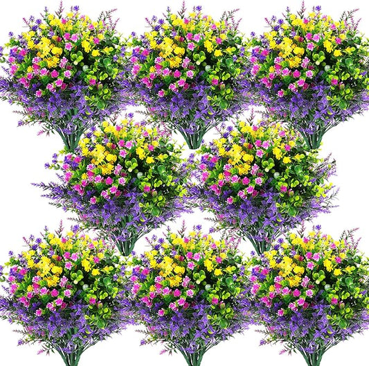 Hananona 24 Pcs Artificial Flowers Outdoor, Faux Artificial Plants UV Resistant Plastic Flower Bulk for Hanging Planter Porch Window Home Wedding Summer Decor (24, Fuchsia, Purple, Yellow, Green)