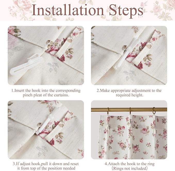 StangH Floral Pinch Pleated Kitchen Curtains Natural Linen Cafe Tier Farmhouse Light Filtering Small Drapes for Cabinetry/Laundry Room,W26xL36,Dusty Rose,2 Panels（10 Plastic Hooks with 2 Extra）