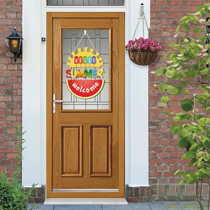 HOURIA Hello Summer Welcome Front Door Sign,11.4"*14.6"Inch Watermelon Sunshine Wood Hanging Plaque for Wreath,Colorful Summer Ice Cream Door Hanger for Porch Garden Farmhouse Indoor Outdoor