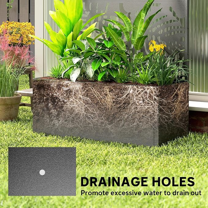 Outsunny Metal Planter Box with Trellis, 71" Tall Raised Garden Bed with Trellis Privacy Screen and Drainage Holes, Banana-Leaf Cut-Out Outdoor Privacy Planter for Climbing Plants, Vegetables, Vines