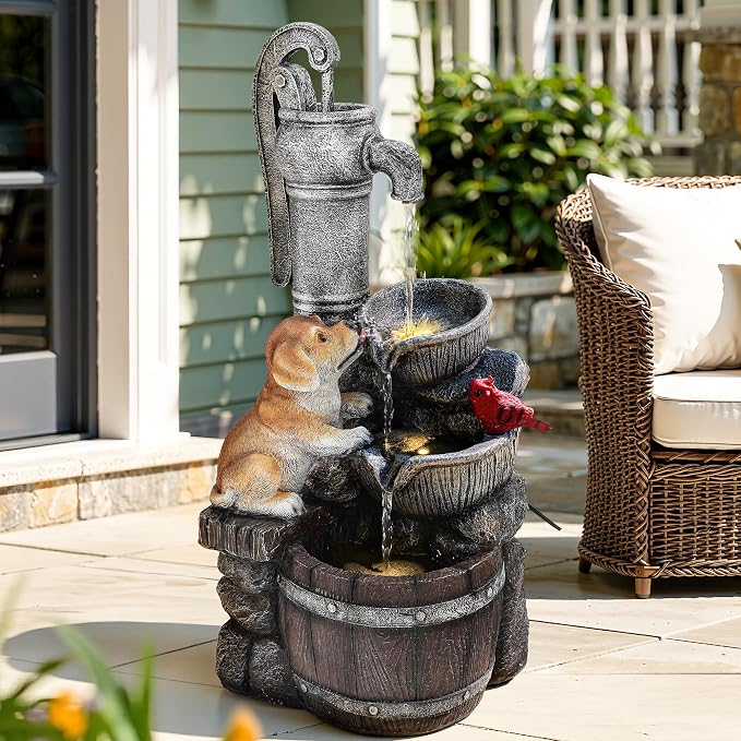 30" Puppy & Red Bird Outdoor Fountain, 3-Tier Pastoral Water Feature with LED Lights, Resin Two Bowls & Wooden Barrel Soothing Cascading Waterfall for Patio, Backyard, Garden