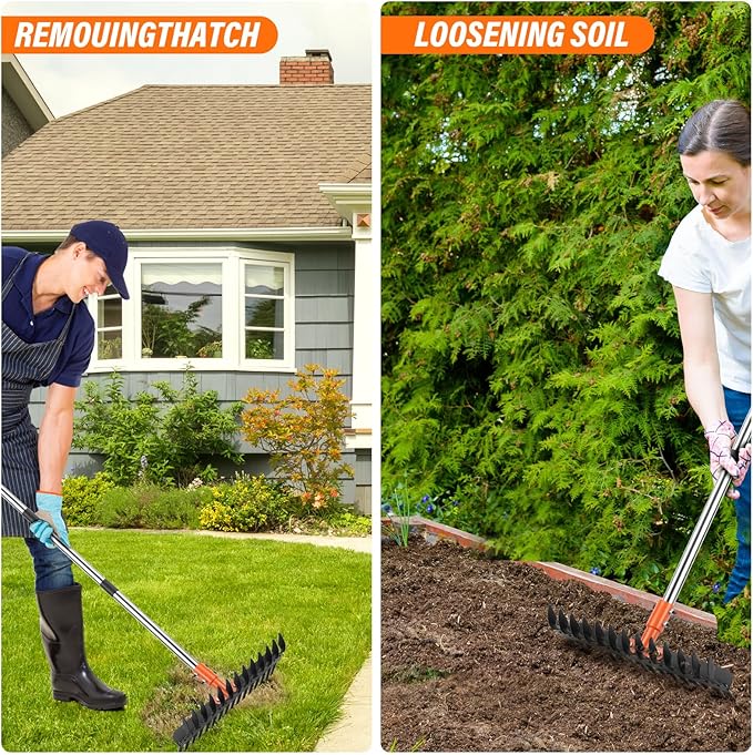 Lmaytech Garden Thatch Rake for Lawn, Heavy Duty Metal Thatching rake with Strong Handle, Wide 15inch Iron Dethatcher Rakes for Yard Leaf & Weed Clean, Soil Loose, Grass Groom