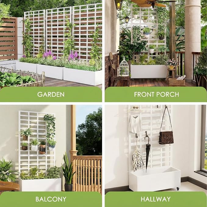 Metal Planter Box with Trellis for Climbing Plants, 74.8"x35.83"x15.16" Raised Garden Bed with Privacy Screen, Outdoor Planter with Drainage Holes, White